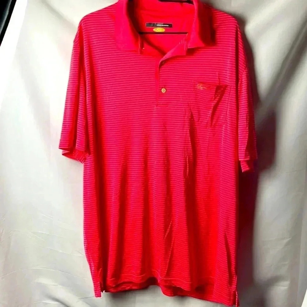 GREG NORMAN PLAY DRY MENS SIZE XXL POLO SHIRT ‎ CORAL WITH WHITE STRIPES